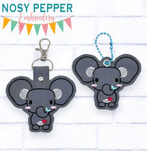 Load image into Gallery viewer, Cute Elephant snap tab and eyelet fob May 2024 Patreon Bundle machine embroidery file (single and multi files included)