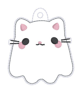 Cat Ghost snap tab and eyelet fob machine embroidery file (single and multi files included)