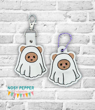 Load image into Gallery viewer, Ghost Bear snap tab and eyelet fob SEPT 24 MYSTERY BUNDLE (single and multi files included) machine embroidery file DIGITAL DOWNLOAD