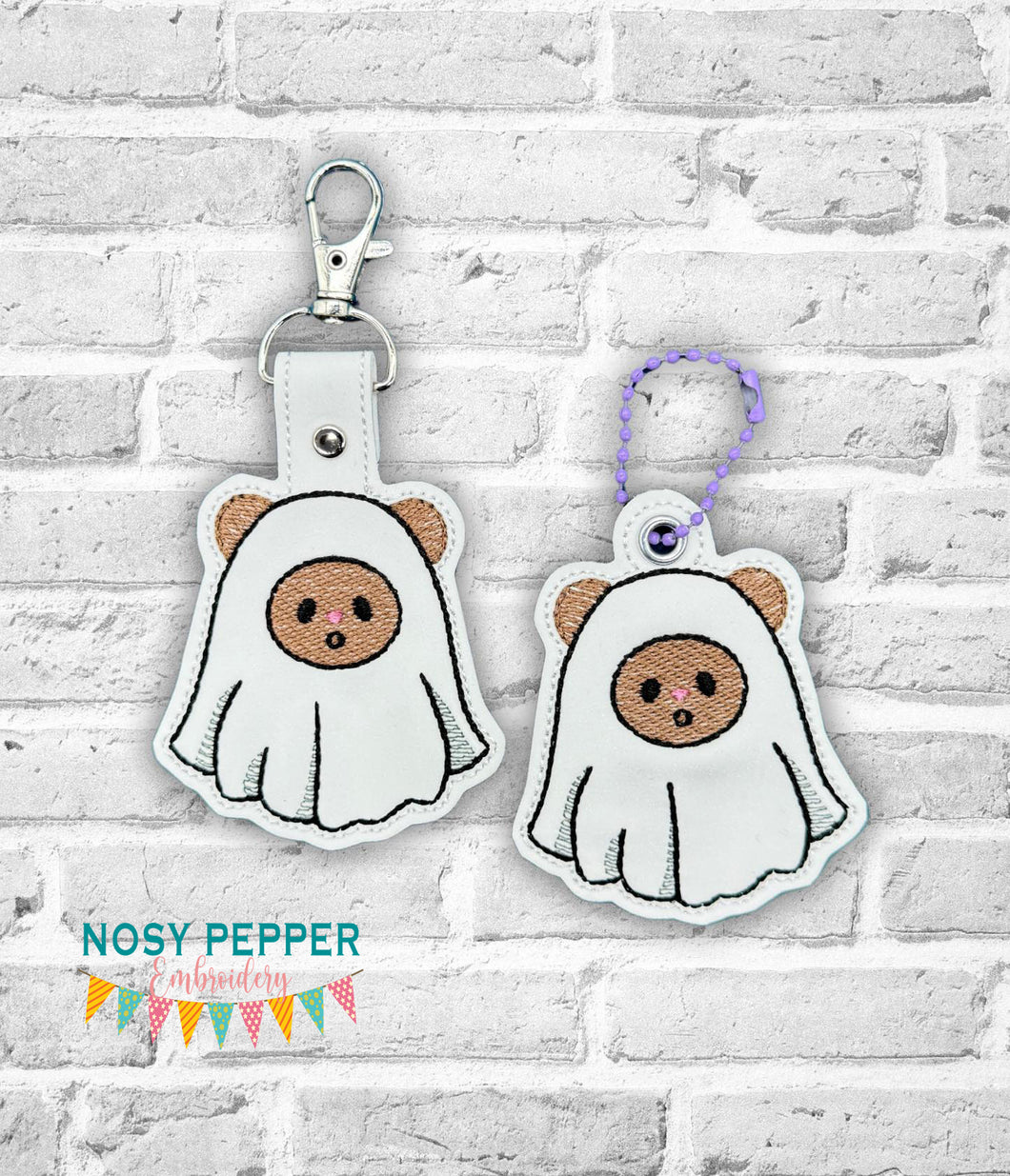 Ghost Bear snap tab and eyelet fob SEPT 24 MYSTERY BUNDLE (single and multi files included) machine embroidery file DIGITAL DOWNLOAD