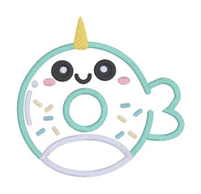 Load image into Gallery viewer, Narwhal Donut applique May Mystery Bundle machine embroidery design (5 sizes included) DIGITAL DOWNLOAD