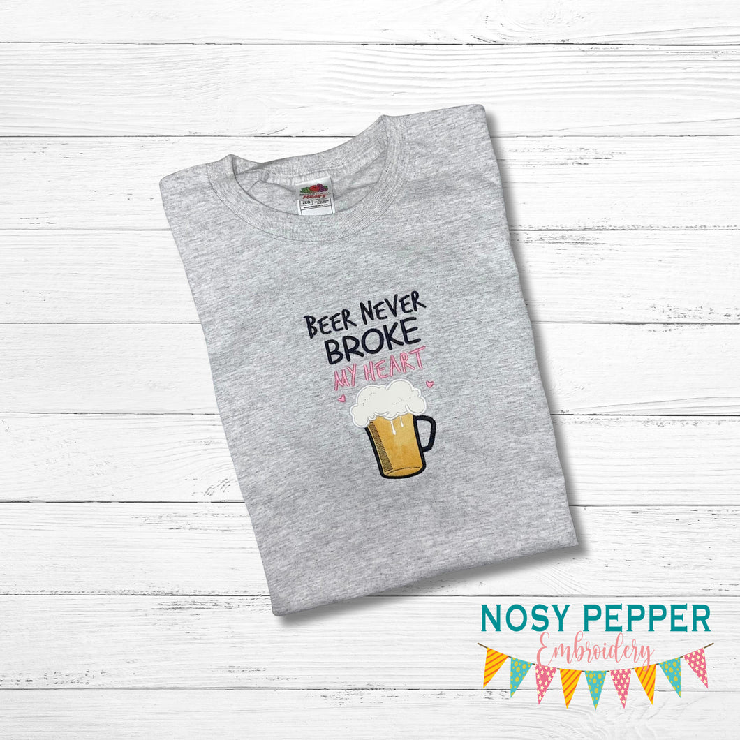 Beer Never Broke My Heart applique machine embroidery design (4 sizes included) DIGITAL DOWNLOAD