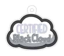 Load image into Gallery viewer, Certified Black Cloud applique snap tab and eyelet fob machine embroidery file (single and multi files included) DIGITAL DOWNLOAD