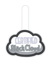 Load image into Gallery viewer, Certified Black Cloud applique snap tab and eyelet fob machine embroidery file (single and multi files included) DIGITAL DOWNLOAD