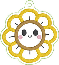 Load image into Gallery viewer, Happy Sunflower applique snap tab and eyelet fob April Mystery Bundle machine embroidery file (single and multi files included)