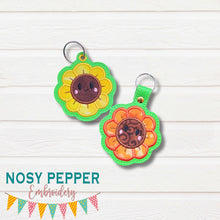 Load image into Gallery viewer, Happy Sunflower applique snap tab and eyelet fob April Mystery Bundle machine embroidery file (single and multi files included)