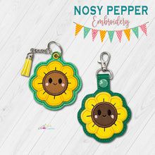 Load image into Gallery viewer, Happy Sunflower applique snap tab and eyelet fob April Mystery Bundle machine embroidery file (single and multi files included)