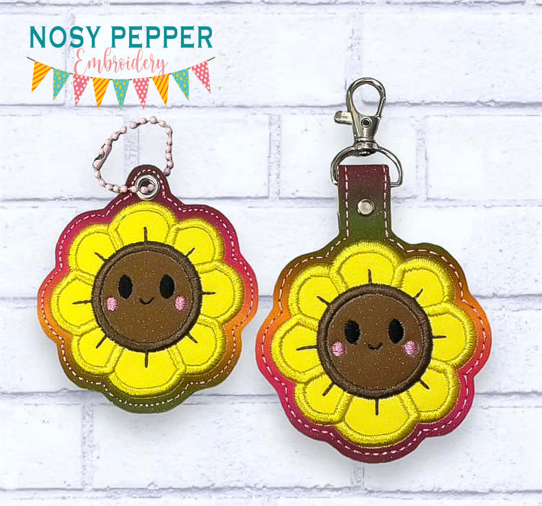 Happy Sunflower applique snap tab and eyelet fob April Mystery Bundle machine embroidery file (single and multi files included)