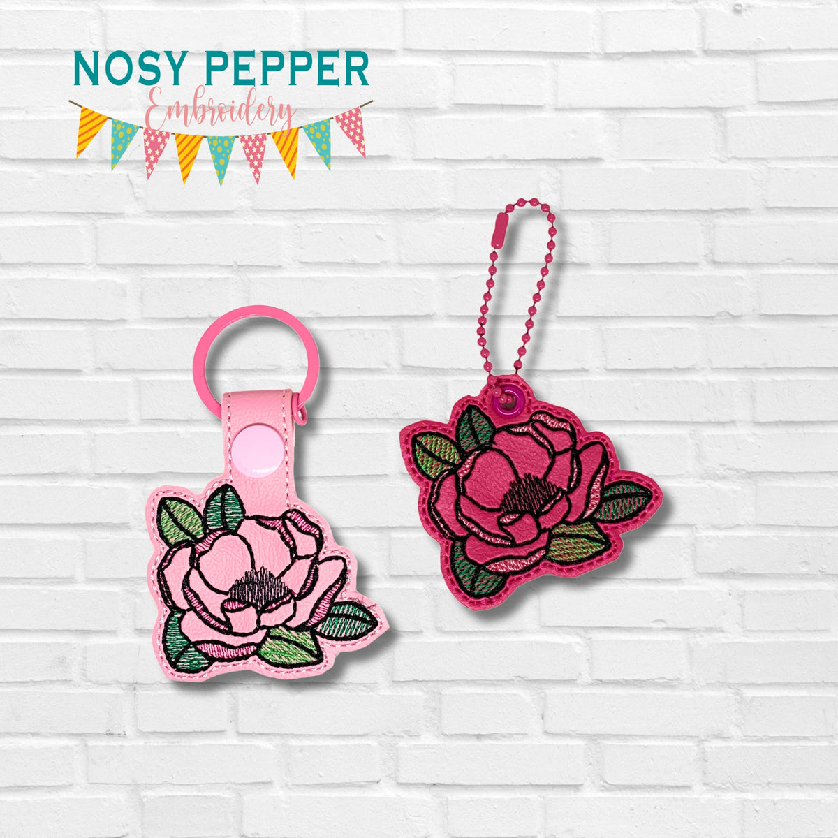 Peony snap tab and eyelet fob machine embroidery file (single and mult ...