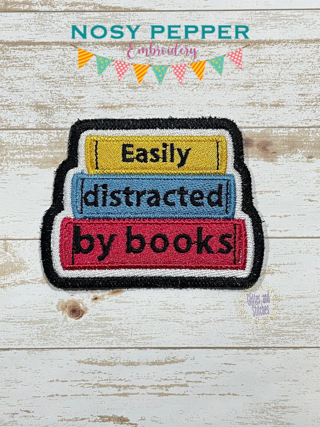 Easily Distracted By Books patch machine embroidery design DIGITAL DOWNLOAD