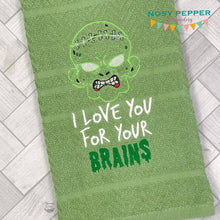 Load image into Gallery viewer, I Love You For Your Brains zombie machine embroidery design (4 sizes included) DIGITAL DOWNLOAD