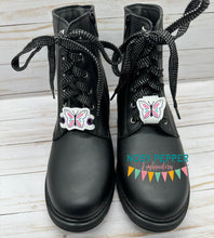 Load image into Gallery viewer, Butterfly Shoe Charm machine embroidery design (3 versions included) DIGITAL DOWNLOAD